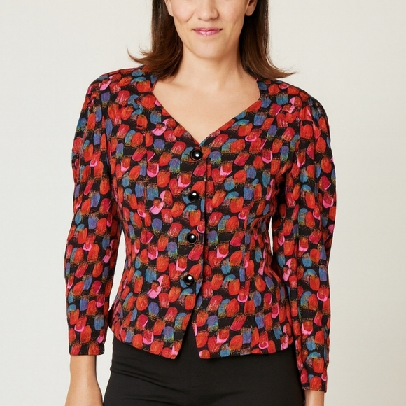 Vintage Jackets & Blazers - 80s Vintage Silk Studio Printed Petite Blazer Mulit-color Size 12 100% Silk